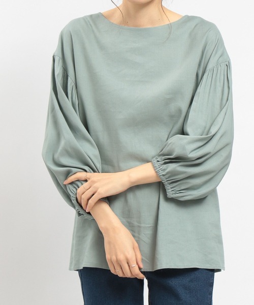 GLOBAL WORK Smile Seed Store（グローバルワーク スマイルシードストア）の「リネン混袖ボリュームブラウス/180953（シャツ/ブラウス・レディース・ラベンダー/チャコール/ブラック/ホワイト系その他/チェック/セージグリーン・LARGE/SMALL/MEDIUM）」の4枚目の写真