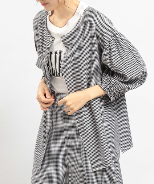 GLOBAL WORK Smile Seed Store（グローバルワーク スマイルシードストア）の「リネン混袖ボリュームブラウス/180953（シャツ/ブラウス・レディース・ラベンダー/チャコール/ブラック/ホワイト系その他/チェック/セージグリーン・LARGE/SMALL/MEDIUM）」の14枚目の写真