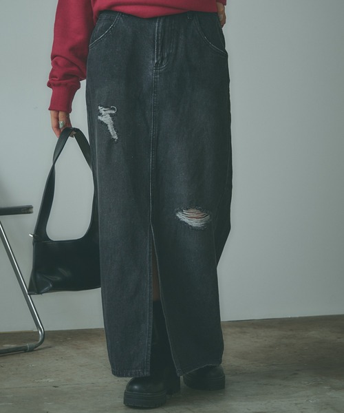 BLANK　（ブランク）の「Crushed long Denim Skirt / ダメージロングデニムスカート（デニムスカート・レディース・ブルー/ライトブルー/ブラック・S/M）」の13枚目の写真