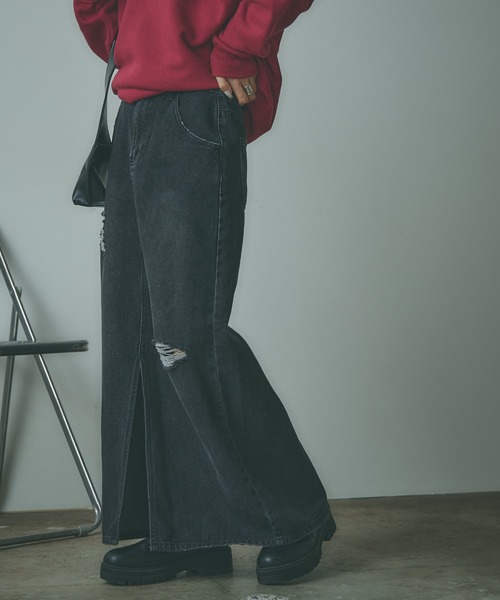 BLANK　（ブランク）の「Crushed long Denim Skirt / ダメージロングデニムスカート（デニムスカート・レディース・ブルー/ライトブルー/ブラック・S/M）」の5枚目の写真