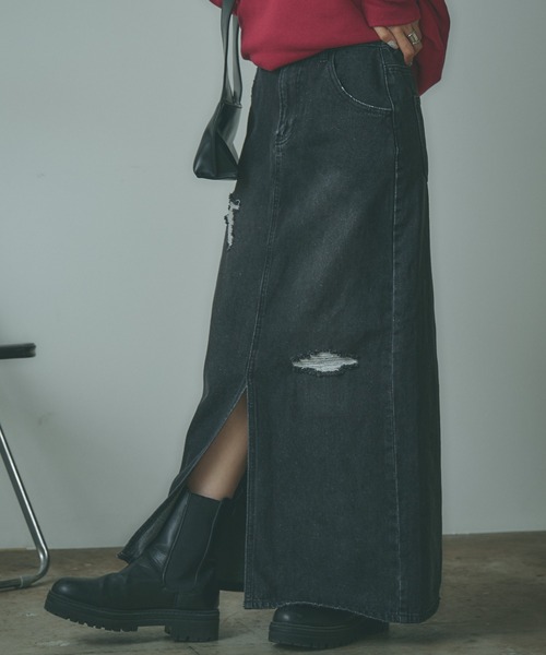BLANK　（ブランク）の「Crushed long Denim Skirt / ダメージロングデニムスカート（デニムスカート・レディース・ブルー/ライトブルー/ブラック・S/M）」の14枚目の写真