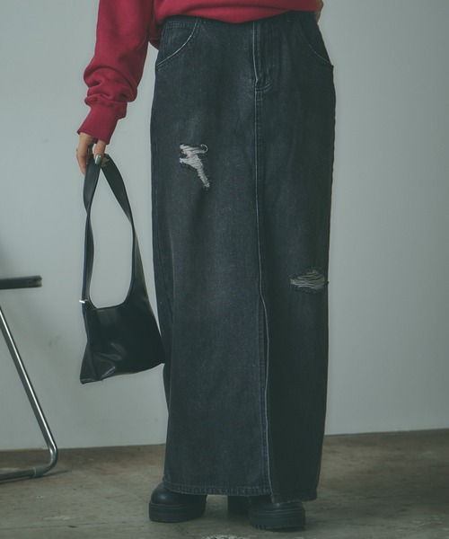 BLANK　（ブランク）の「Crushed long Denim Skirt / ダメージロングデニムスカート（デニムスカート・レディース・ブルー/ライトブルー/ブラック・S/M）」の12枚目の写真