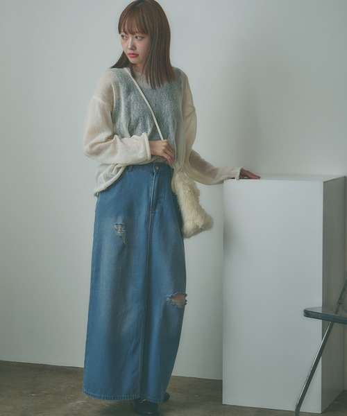 BLANK　（ブランク）の「Crushed long Denim Skirt / ダメージロングデニムスカート（デニムスカート・レディース・ブルー/ライトブルー/ブラック・S/M）」の8枚目の写真