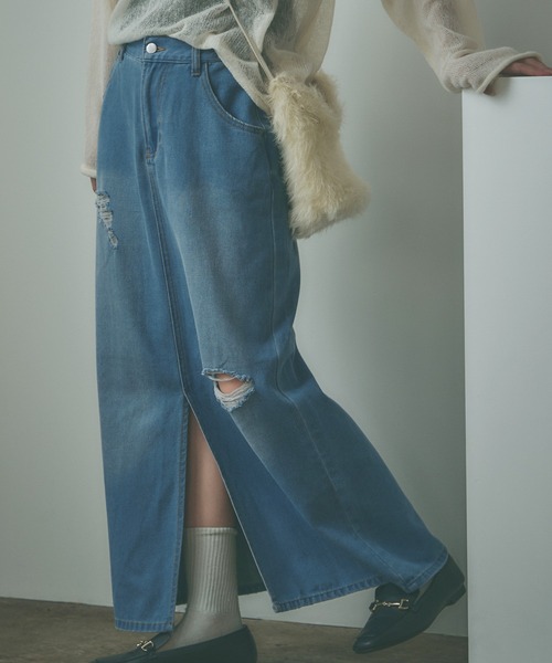BLANK　（ブランク）の「Crushed long Denim Skirt / ダメージロングデニムスカート（デニムスカート・レディース・ブルー/ライトブルー/ブラック・S/M）」の20枚目の写真