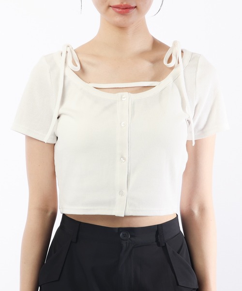 SPIRALGIRL（スパイラルガール）の「リボンオフショルリブトップス（Tシャツ/カットソー・レディース・ホワイト/グレー/レッド・FREE）」の16枚目の写真
