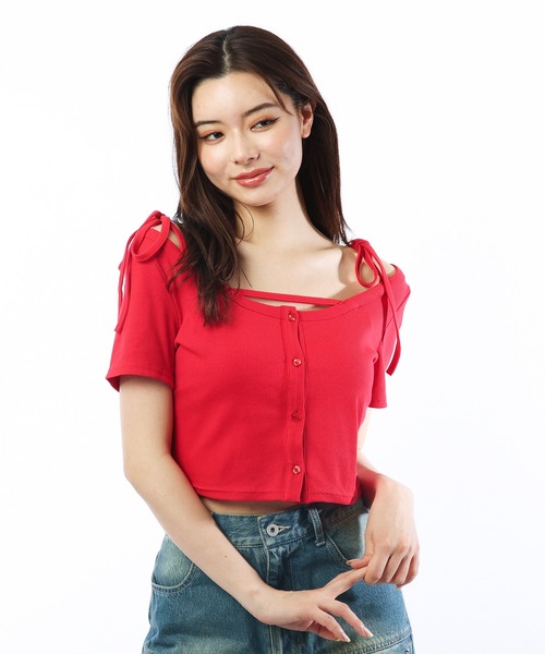 SPIRALGIRL（スパイラルガール）の「リボンオフショルリブトップス（Tシャツ/カットソー・レディース・ホワイト/グレー/レッド・FREE）」の21枚目の写真