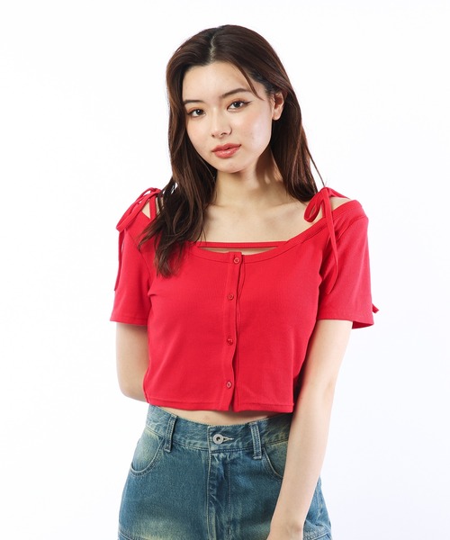 SPIRALGIRL（スパイラルガール）の「リボンオフショルリブトップス（Tシャツ/カットソー・レディース・ホワイト/グレー/レッド・FREE）」の22枚目の写真