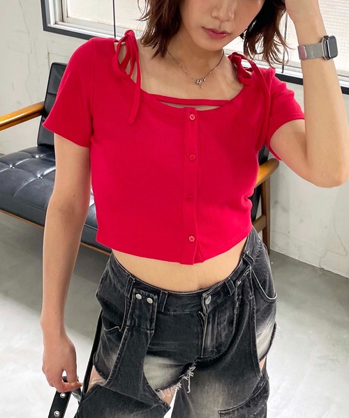 SPIRALGIRL（スパイラルガール）の「リボンオフショルリブトップス（Tシャツ/カットソー・レディース・ホワイト/グレー/レッド・FREE）」の5枚目の写真