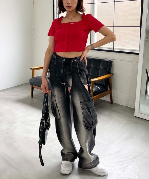 SPIRALGIRL（スパイラルガール）の「リボンオフショルリブトップス（Tシャツ/カットソー・レディース・ホワイト/グレー/レッド・FREE）」の4枚目の写真