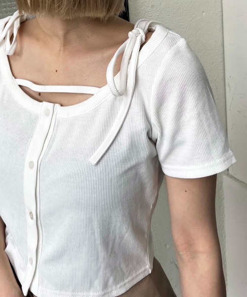 SPIRALGIRL（スパイラルガール）の「リボンオフショルリブトップス（Tシャツ/カットソー・レディース・ホワイト/グレー/レッド・FREE）」の8枚目の写真