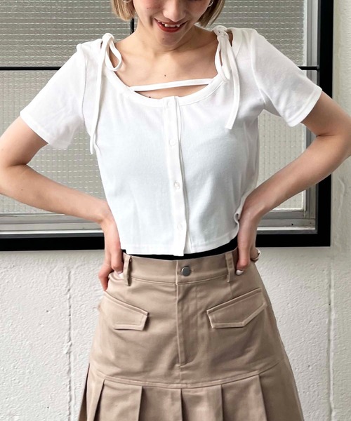 SPIRALGIRL（スパイラルガール）の「リボンオフショルリブトップス（Tシャツ/カットソー・レディース・ホワイト/グレー/レッド・FREE）」の6枚目の写真