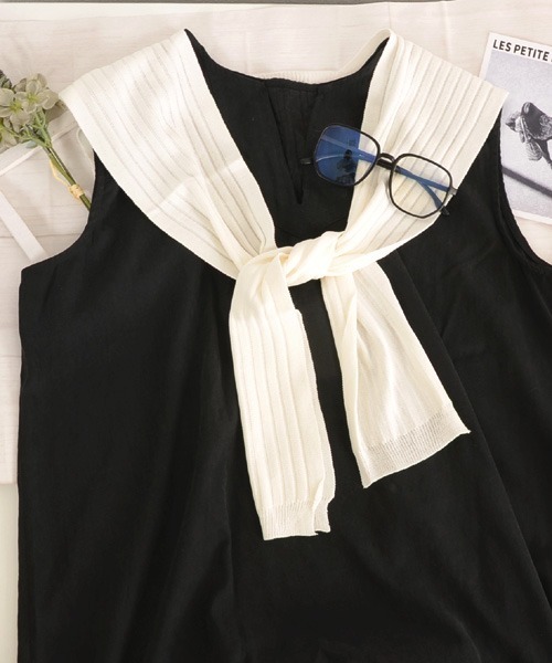TONE SELECT GOODS(トーンセレクトグッズ)の「【resonance】シンプル リブ編み サマーニット/肩掛けストール【10色展開】(ストール/ショール・レディース・ブラック/ライトベージュ/スカイブルー/ブルーグリーン/スモークピンク/グレイッシュブルー/ライトイエロー/ミント/オレンジ/ホワイト・FREE)」の2枚目の写真