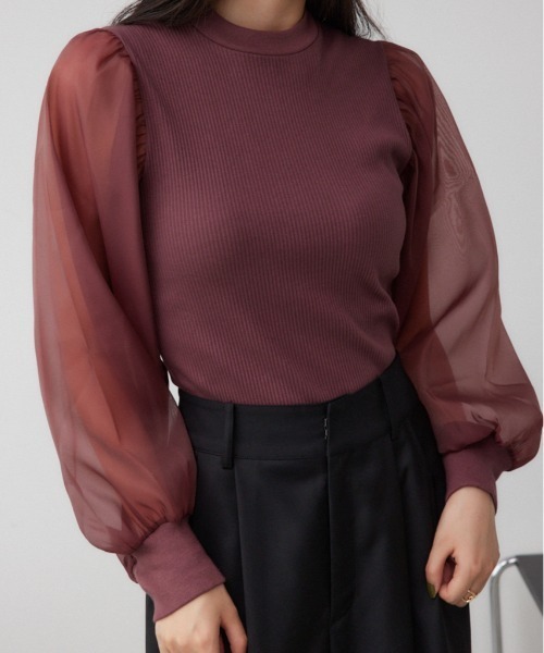 AZUL by moussy(アズールバイマウジー)の「袖シアー長袖リブトップス(Tシャツ/カットソー・レディース・グレー/マジェンタ/アイボリー/ブラック・SMALL/MEDIUM)」の4枚目の写真