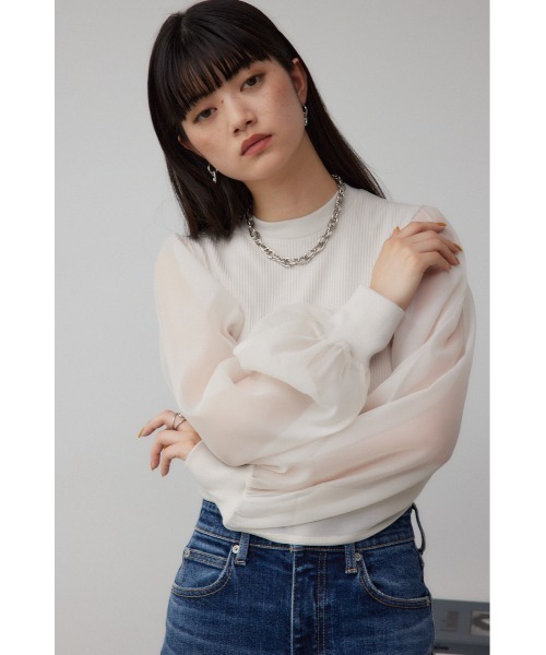 AZUL by moussy(アズールバイマウジー)の「袖シアー長袖リブトップス(Tシャツ/カットソー・レディース・グレー/マジェンタ/アイボリー/ブラック・SMALL/MEDIUM)」の5枚目の写真