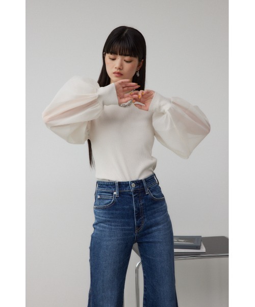 AZUL by moussy(アズールバイマウジー)の「袖シアー長袖リブトップス(Tシャツ/カットソー・レディース・グレー/マジェンタ/アイボリー/ブラック・SMALL/MEDIUM)」の6枚目の写真