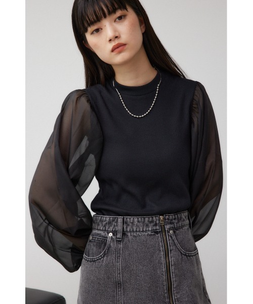 AZUL by moussy(アズールバイマウジー)の「袖シアー長袖リブトップス(Tシャツ/カットソー・レディース・グレー/マジェンタ/アイボリー/ブラック・SMALL/MEDIUM)」の16枚目の写真