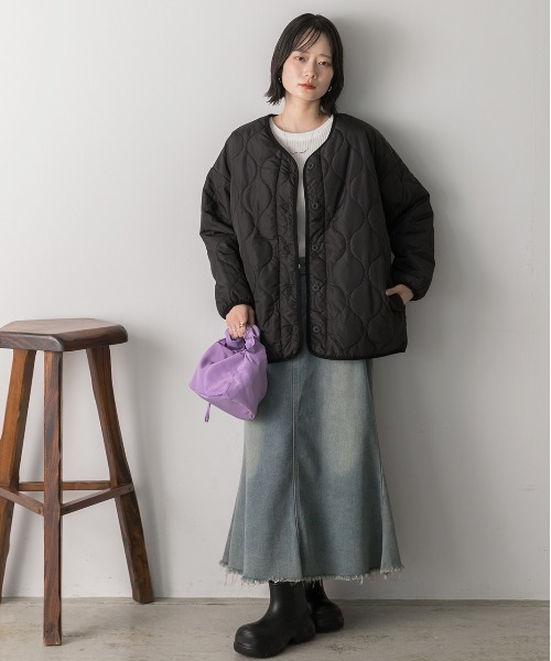 ad thie(アドティエ)の「キルティング 中綿ジャケット(ノーカラージャケット・レディース・ベージュ/ブラック/アイボリー/カーキ/ブルー・FREE)」の6枚目の写真