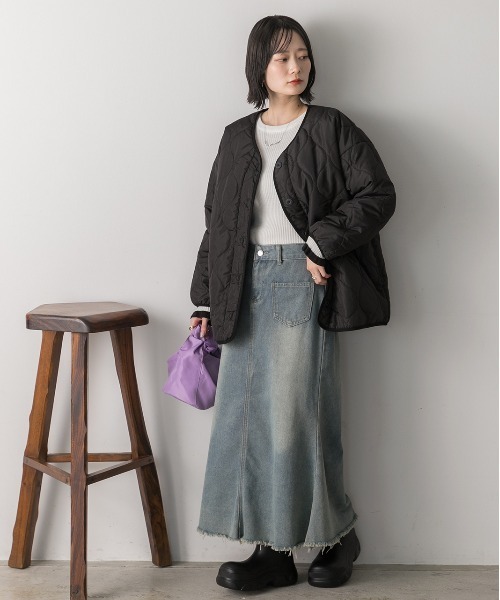 ad thie(アドティエ)の「キルティング 中綿ジャケット(ノーカラージャケット・レディース・ベージュ/ブラック/アイボリー/カーキ/ブルー・FREE)」の7枚目の写真