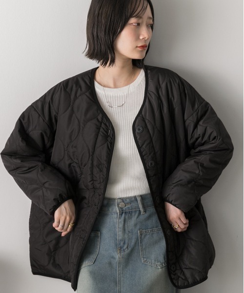 ad thie(アドティエ)の「キルティング 中綿ジャケット(ノーカラージャケット・レディース・ベージュ/ブラック/アイボリー/カーキ/ブルー・FREE)」の8枚目の写真