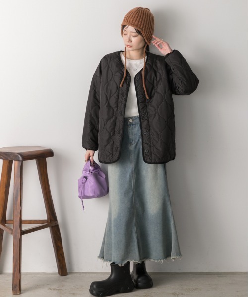 ad thie(アドティエ)の「キルティング 中綿ジャケット(ノーカラージャケット・レディース・ベージュ/ブラック/アイボリー/カーキ/ブルー・FREE)」の10枚目の写真
