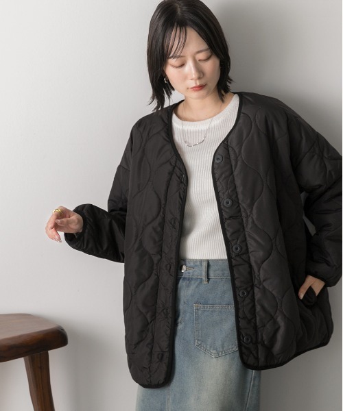 ad thie(アドティエ)の「キルティング 中綿ジャケット(ノーカラージャケット・レディース・ベージュ/ブラック/アイボリー/カーキ/ブルー・FREE)」の12枚目の写真