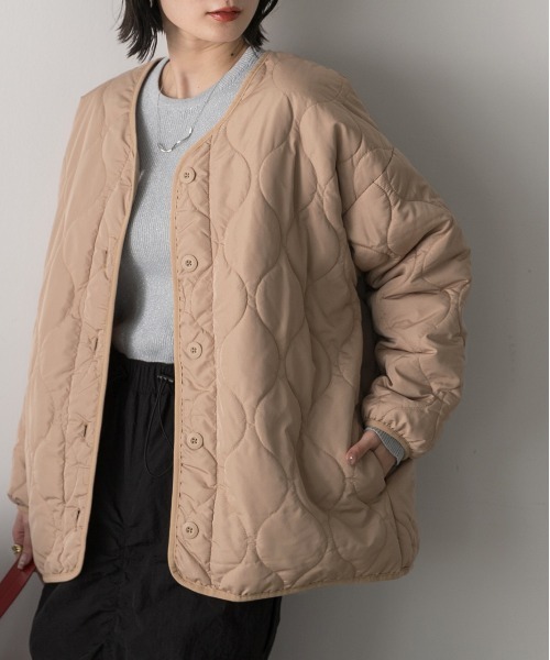 セール】キルティング 中綿ジャケット（ノーカラージャケット）｜ad