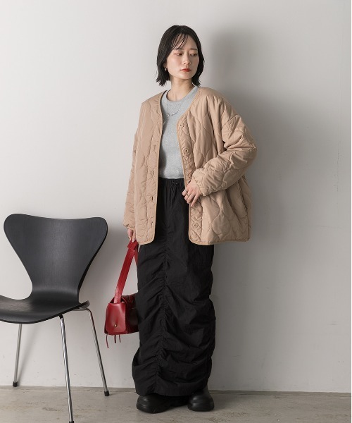 【専用】新品キルティング ジャケット#ベージュ セール】キルティング 中綿ジャケット（ノーカラージャケット）｜ad