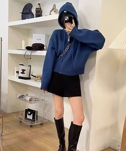 aimoha(アイモハ)の「フード付きジッパーカーディガン(カーディガン/ボレロ・レディース・ネイビー/オフホワイト/グレー・FREE)」の10枚目の写真