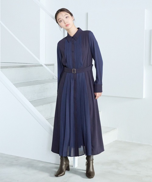 Andemiu(アンデミュウ)の「フロントプリーツワンピース202876(ワンピース・レディース・ライトグレー/ネイビー/アイボリー・FREE)」の1枚目の写真