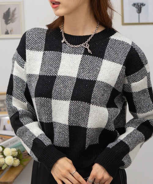 セール】チェック柄 ショート丈 ニット トップス（ニット/セーター