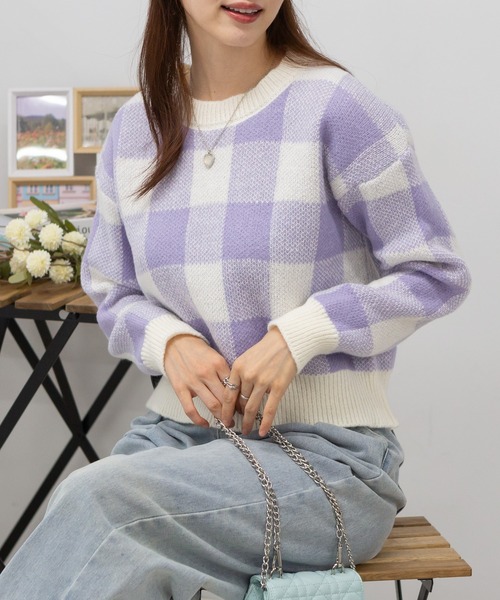 pumpkin port(パンプキンポート)の「チェック柄 ショート丈 ニット トップス(ニット/セーター・レディース・サックスブルー/ブラック/ピンク/グリーン/ラベンダー/モカ・M)」の15枚目の写真