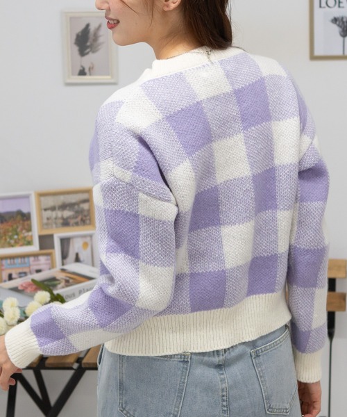 pumpkin port(パンプキンポート)の「チェック柄 ショート丈 ニット トップス(ニット/セーター・レディース・サックスブルー/ブラック/ピンク/グリーン/ラベンダー/モカ・M)」の17枚目の写真