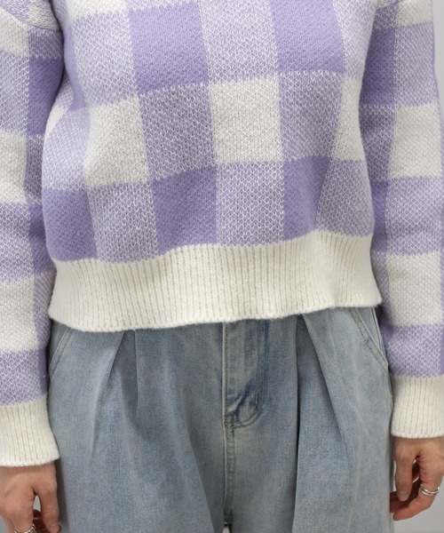 セール】チェック柄 ショート丈 ニット トップス（ニット/セーター