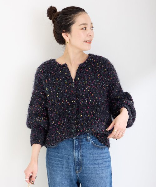 B.C STOCK（ベーセーストック）の「《追加3》ポコポコヤーンミックス2WAYカーディガン（カーディガン/ボレロ・レディース・ホワイト/レッド・FREE）」の4枚目の写真