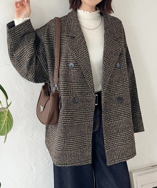 Deuxieme Classe relax ジャケット　グレンチェック セール】グレンチェック ダブルジャケットコート（テーラード