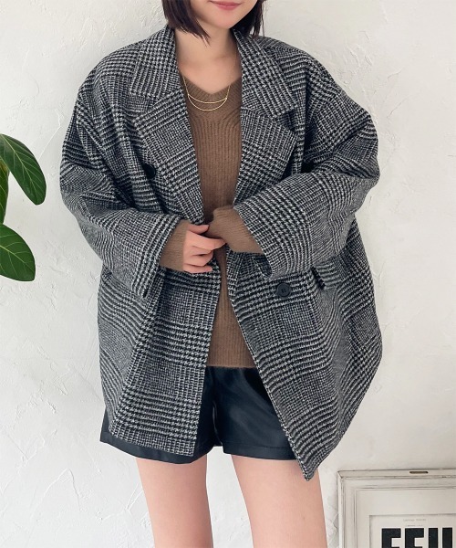 セール】グレンチェック ダブルジャケットコート（テーラード