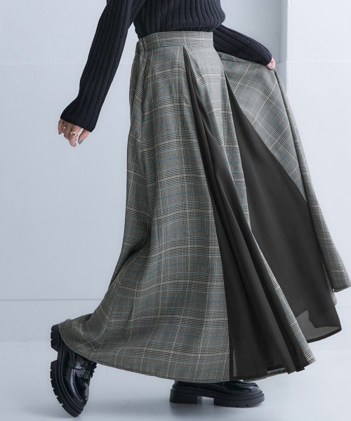 Soiunique（スワユニーク）の「チェック切替ボリュームたっぷりスカート ［Soiunique］（スカート・レディース・グレー系/ブラウン系・M/L）」の2枚目の写真