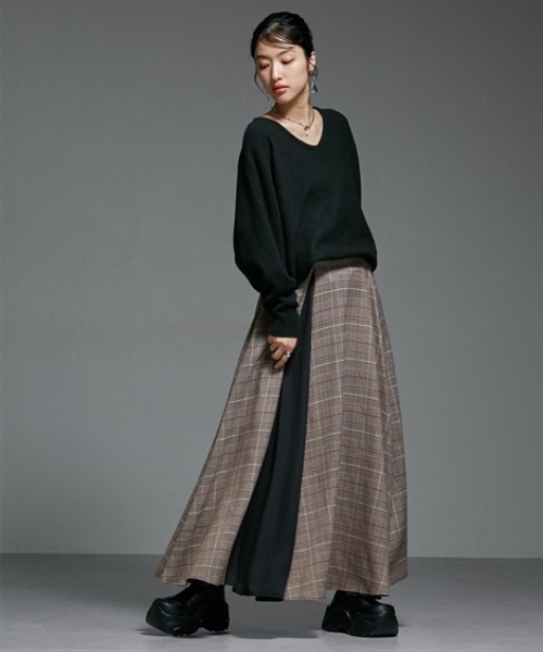 Soiunique（スワユニーク）の「チェック切替ボリュームたっぷりスカート ［Soiunique］（スカート・レディース・グレー系/ブラウン系・M/L）」の9枚目の写真