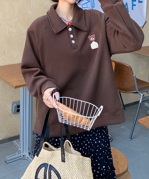 aimoha（アイモハ）の「カジュアルポロカラー付きスウェット（スウェット・レディース・グレー/オフホワイト/チョコ・FREE）」の3枚目の写真
