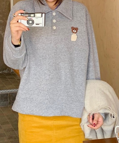 aimoha（アイモハ）の「カジュアルポロカラー付きスウェット（スウェット・レディース・グレー/オフホワイト/チョコ・FREE）」の2枚目の写真