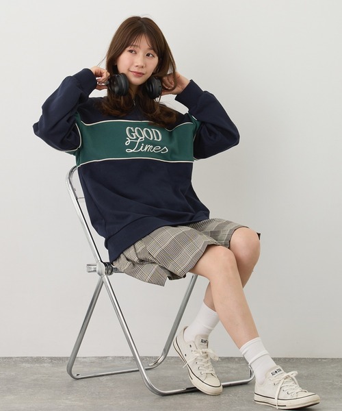 ZIP付きバイカラー刺繍スウェット　チャコールグレー　179/wg 最新ファッション - ZIP付きバイカラー刺繍スウェット