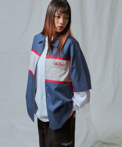 BEN DAVIS（ベンデイビス）の「【BEN DAVIS（ベンデイビス）】PANELLED ZIP FRONT WORK SHIRT / シャツ 半袖 ワンポイント ジップ 刺繍（シャツ/ブラウス・メンズ・ブラウン/ネイビー・MEDIUM/LARGE/X-LARGE）」の7枚目の写真