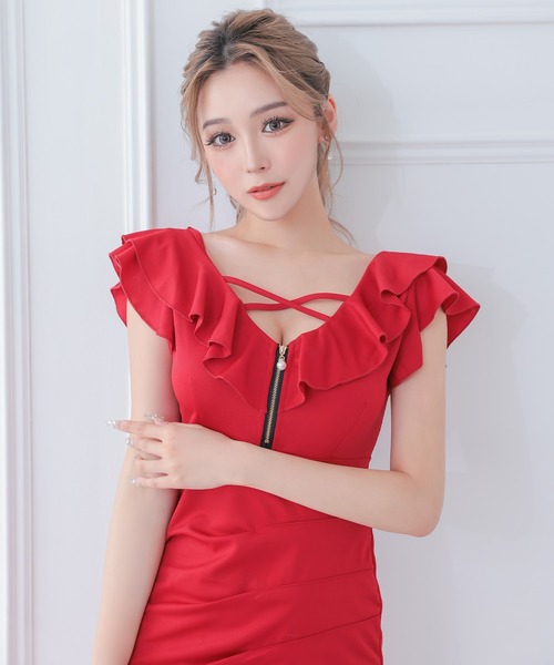 myMinette（マイミネット）の「キャバドレス ミニ タイト 半袖 フロントジップフリル袖ラップデザインドレス（ドレス・レディース・ブラック/グリーン/ワインレッド/ネイビー・M/L）」の14枚目の写真