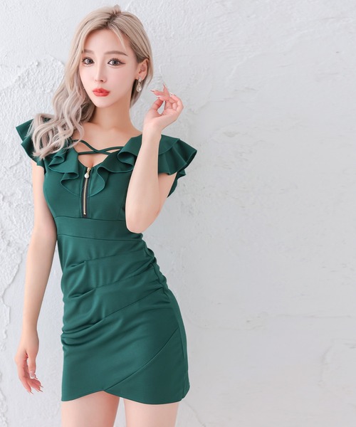 myMinette（マイミネット）の「キャバドレス ミニ タイト 半袖 フロントジップフリル袖ラップデザインドレス（ドレス・レディース・ブラック/グリーン/ワインレッド/ネイビー・M/L）」の15枚目の写真