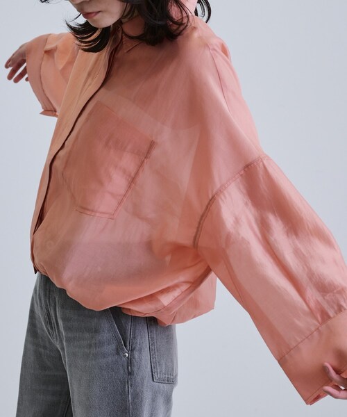 GALLEST（ギャレスト）の「【再入荷】シアーローンステンカラーシャツ/シアーシャツ/シアートップス（シャツ/ブラウス・レディース・オレンジ系/サンドベージュ/ブラック/ホワイト/ダークグリーン・38）」の14枚目の写真