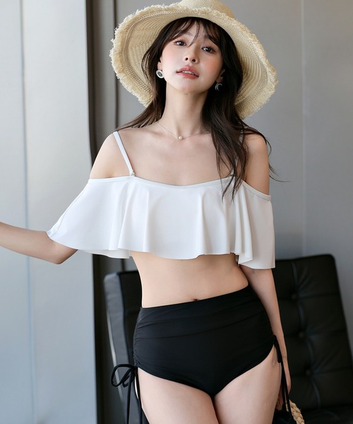 ■韓国■ フリル ベルト付 ハイウェストビキニ オフショル 2Way TeddyShop 水着 レディース水着 オフショル風2WAYフリルハイ