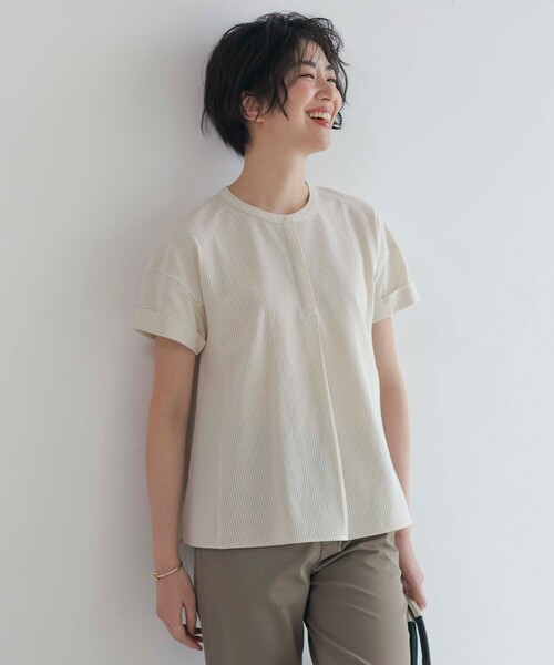 J.PRESS(ジェイプレス)の「【洗える・抗菌防臭・吸水速乾】サッカージャージー フレンチスリーブ カットソー(Tシャツ/カットソー・レディース・イエロー系1/ブルー系1/ブラウン系1/ふじ色系1・T13/T15)」の4枚目の写真