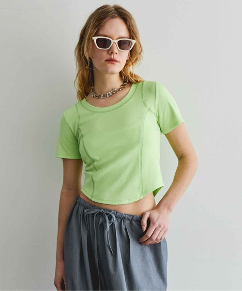 MAISON SPECIAL(メゾンスペシャル)の「Bicolor Stitch Compact T-shirt/バイカラーステッチコンパクトTシャツ(Tシャツ/カットソー・レディース・チャコールグレー/ホワイト/ライム/ピンク・FREE)」の1枚目の写真