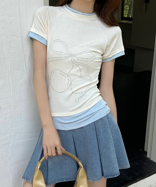 AsRiRe（アスリレイ）の「バイカラー チェリーリボンストーンTシャツ（Tシャツ/カットソー・レディース・アイボリー/グレー・M）」の2枚目の写真