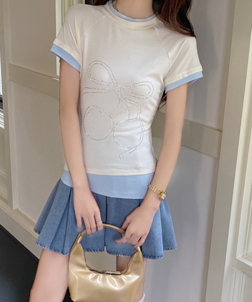 AsRiRe（アスリレイ）の「バイカラー チェリーリボンストーンTシャツ（Tシャツ/カットソー・レディース・アイボリー/グレー・M）」の4枚目の写真